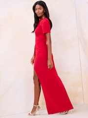Lipsy Red Petite Drape Skirt Ruched Maxi Dress - Image 3 of 4