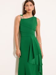 Lipsy Green Gold Trim Ruffle Drape Fit And Flare Midi Dress - Image 1 of 5