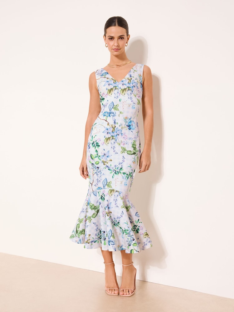 Lipsy White/Blue Floral V-Neck Fit And Flare Midi Dress - Image 2 of 4