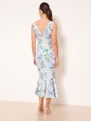 Lipsy White/Blue Floral V-Neck Fit And Flare Midi Dress - Image 3 of 4