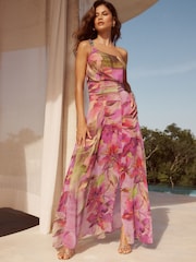 Lipsy Pink Floral Print One Shoulder Bead Strap Maxi Dress - Image 1 of 4