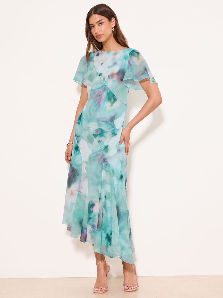 Lipsy Light Blue Petite Printed Tie Waist Short Sleeve Midi Dress - Image 1 of 5 Lipsy Light Blue Petite Printed Tie Waist Short Sleeve Midi Dress - Image 1 of 5