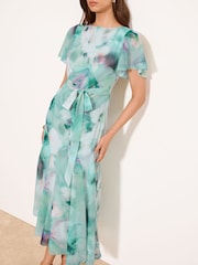 Lipsy Light Blue Petite Printed Tie Waist Short Sleeve Midi Dress - Image 3 of 5