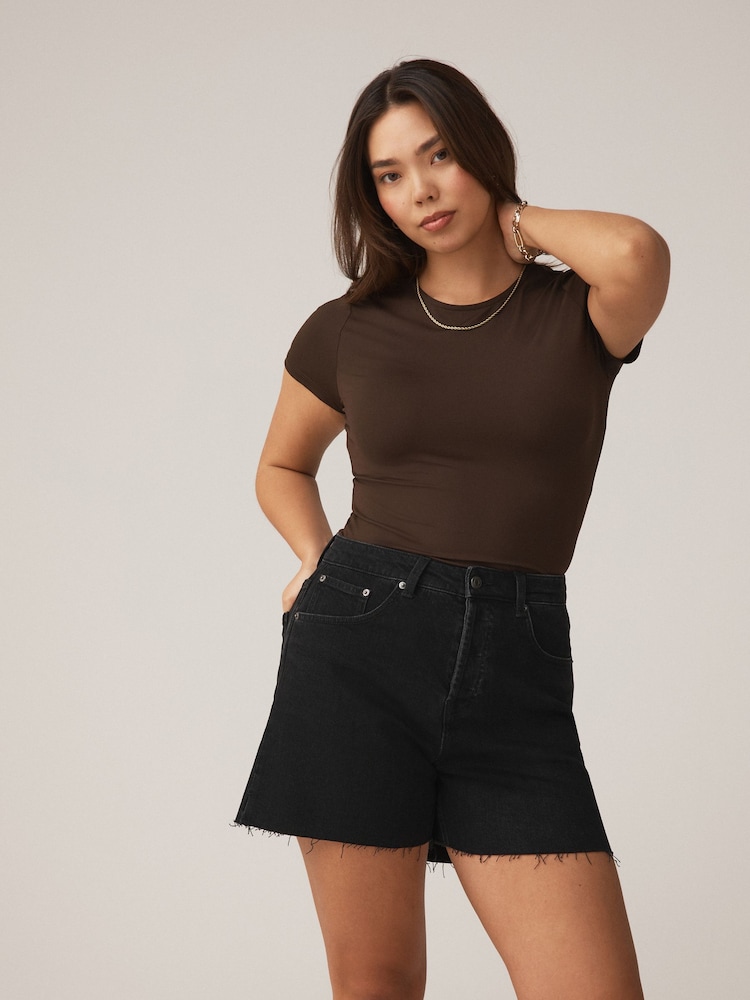 Black Hourglass Split Hem High Rise Denim Shorts - Image 1 of 9