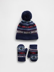 Gap Navy Blue Fairisle Pom Beanie and Mittens Set - Image 2 of 2