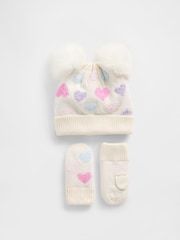 Gap White Heart Pom Beanie and Mittens Set - Image 1 of 1