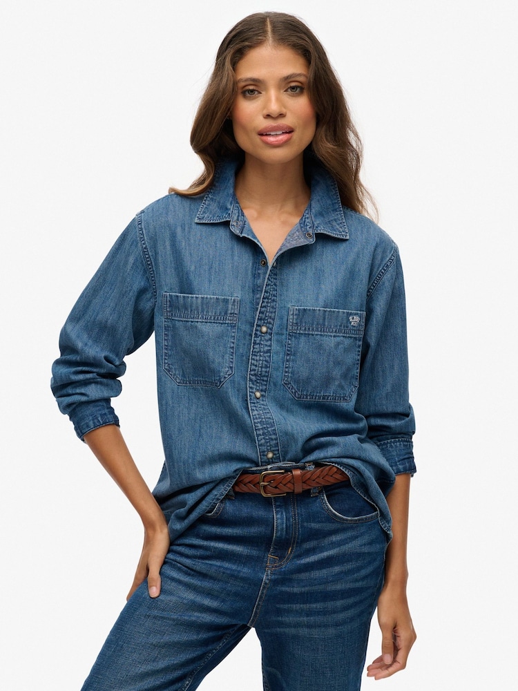 Superdry Blue Denim Oversized Shirt - Image 1 of 7 Superdry Blue Denim Oversized Shirt - Image 1 of 7
