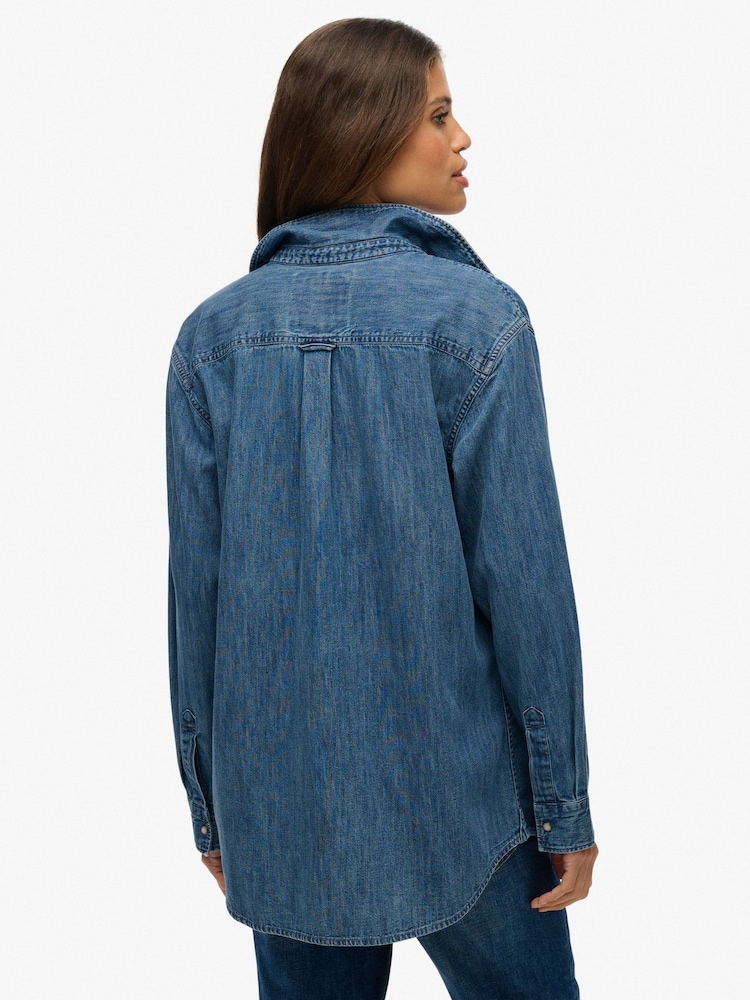 Superdry Blue Denim Oversized Shirt - Image 2 of 7 Superdry Blue Denim Oversized Shirt - Image 2 of 7