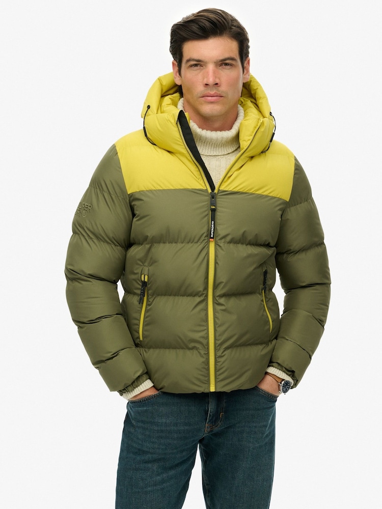 Superdry Green Colourblock Hooded Puffer Jacket - Image 1 of 7