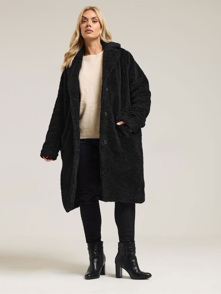 Yours Curve Black Teddy Midi Coat - Image 1 of 5 Yours Curve Black Teddy Midi Coat - Image 1 of 5