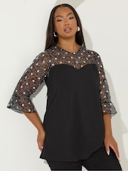 Yours Curve Black Sweetheart 3D Floral Top - Image 1 of 5