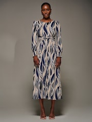 Jolie Moi Blue Jersey Belted Long Sleeve Maxi Dress - Image 1 of 6