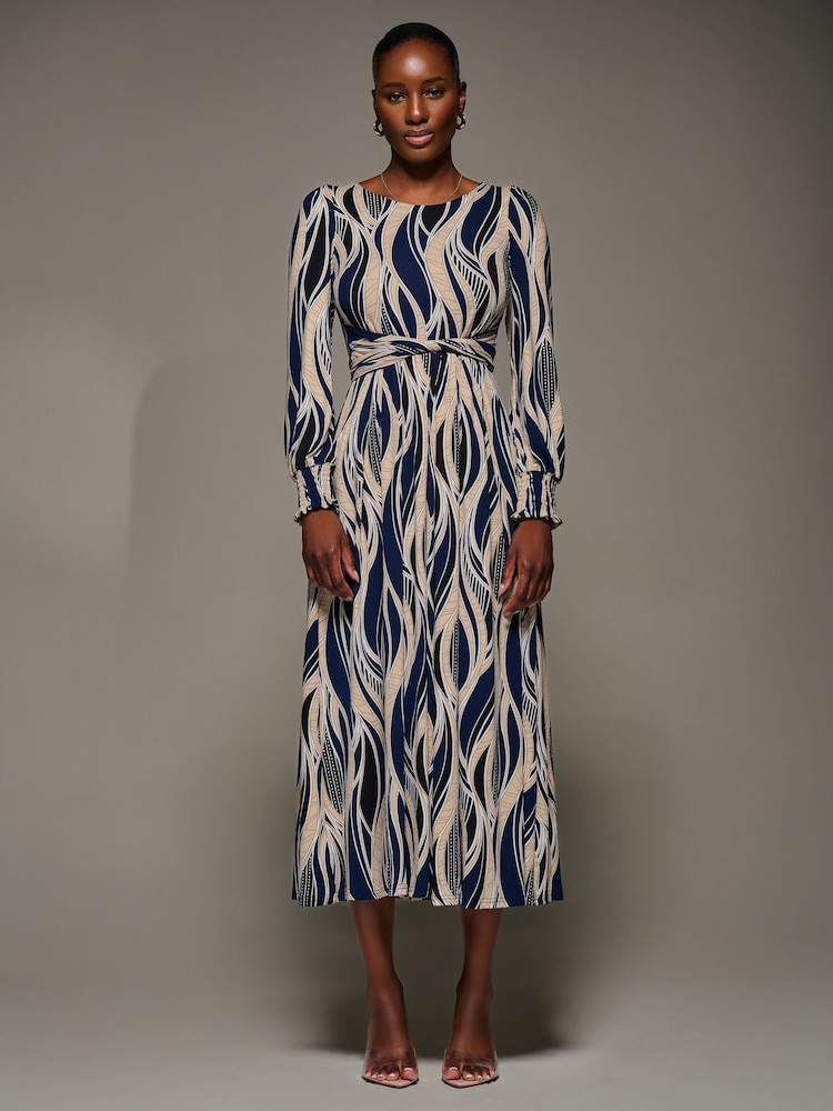 Jolie Moi Blue Jersey Belted Long Sleeve Maxi Dress - Image 1 of 6
