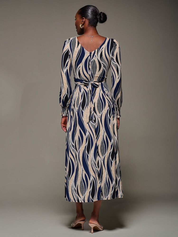 Jolie Moi Blue Jersey Belted Long Sleeve Maxi Dress - Image 2 of 6