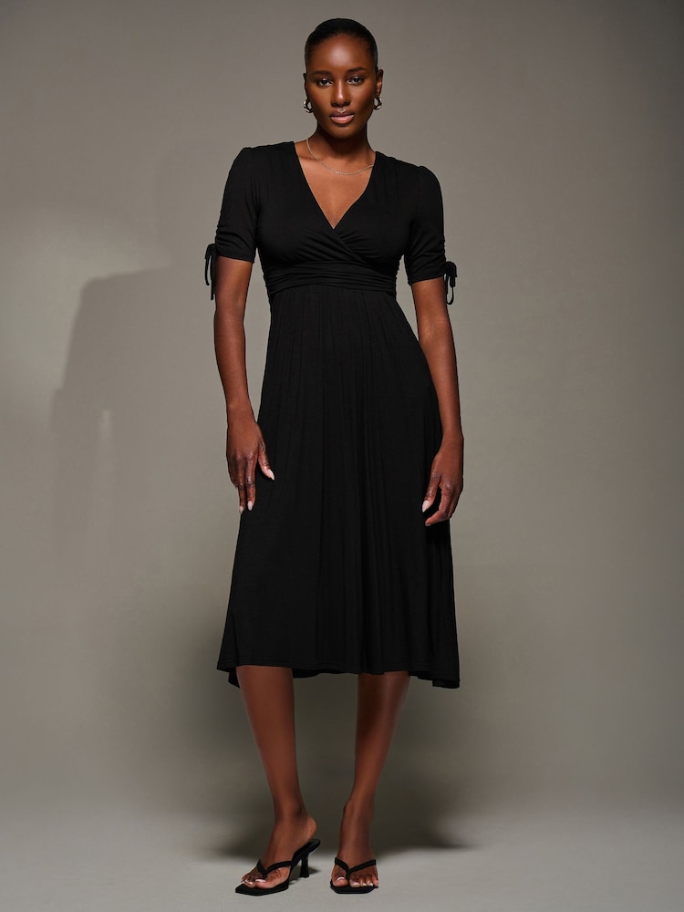 Jolie Moi Black Jersey Tie Sleeve Wrap Front Midi Dress - Image 1 of 6 Jolie Moi Black Jersey Tie Sleeve Wrap Front Midi Dress - Image 1 of 6
