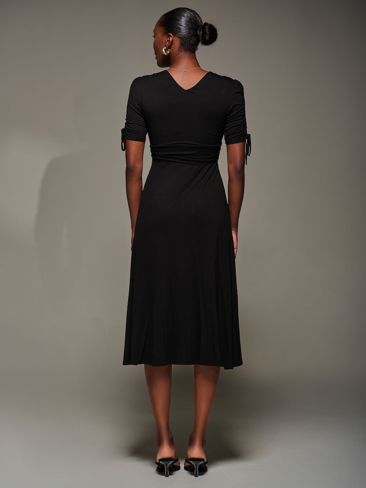Jolie Moi Black Jersey Tie Sleeve Wrap Front Midi Dress - Image 2 of 6 Jolie Moi Black Jersey Tie Sleeve Wrap Front Midi Dress - Image 2 of 6