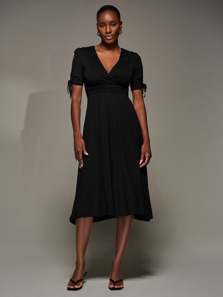 Jolie Moi Black Jersey Tie Sleeve Wrap Front Midi Dress - Image 6 of 6 Jolie Moi Black Jersey Tie Sleeve Wrap Front Midi Dress - Image 6 of 6