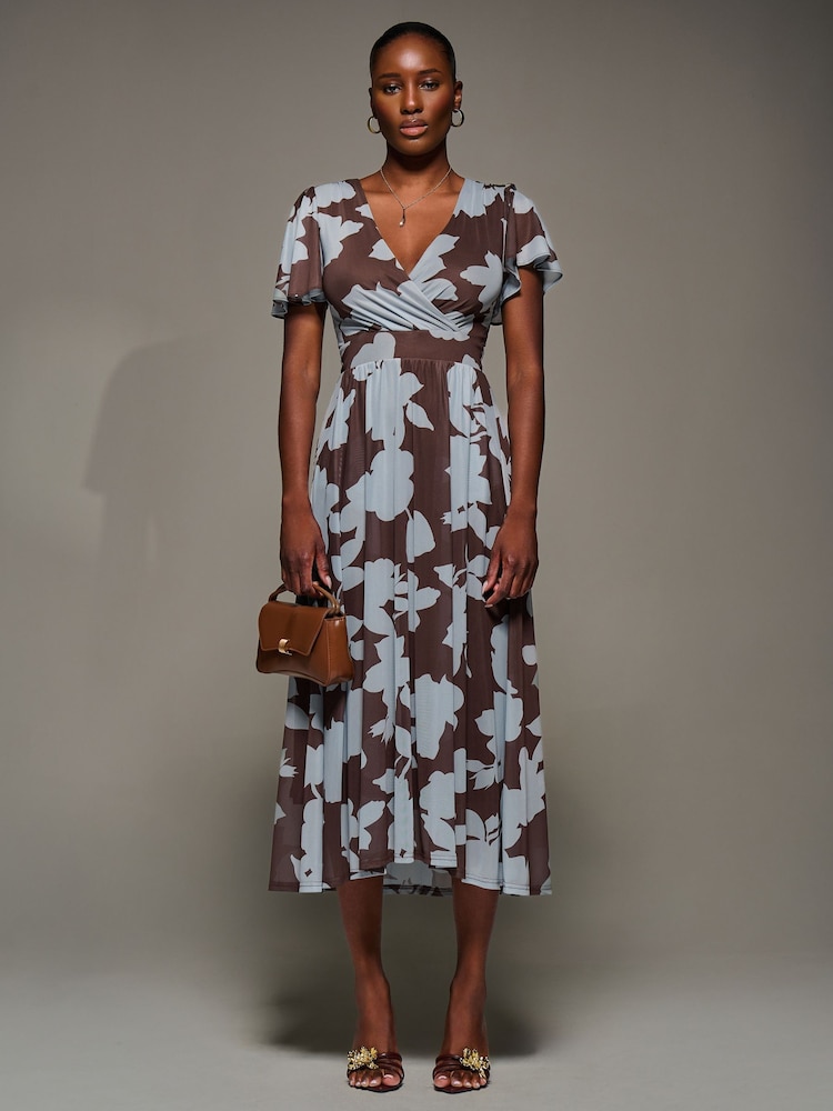 Jolie Moi Brown Mesh Short Sleeve Midaxi Dress - Image 1 of 6 Jolie Moi Brown Mesh Short Sleeve Midaxi Dress - Image 1 of 6