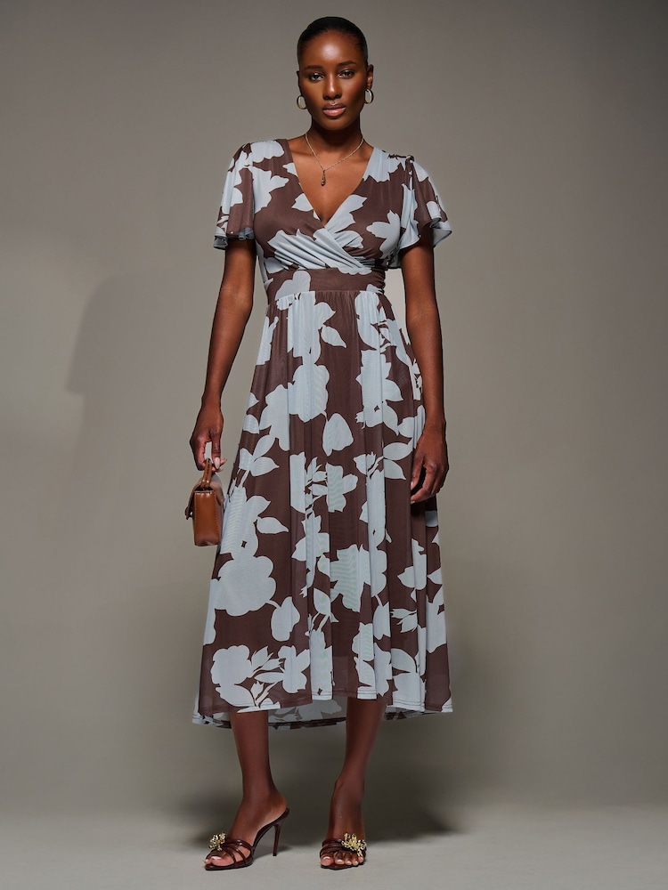 Jolie Moi Brown Mesh Short Sleeve Midaxi Dress - Image 6 of 6 Jolie Moi Brown Mesh Short Sleeve Midaxi Dress - Image 6 of 6