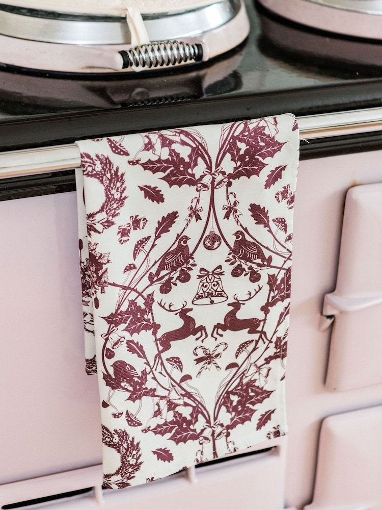Avalon Home Burgundy Stag & Wreath Tea Towel - Image 1 of 5 Avalon Home Burgundy Stag & Wreath Tea Towel - Image 1 of 5