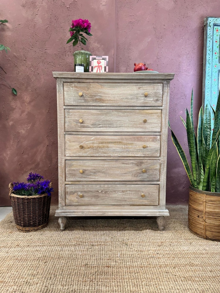 Kirei Home Natural Mango Wood Five Drawer Tallboy - Image 2 of 6