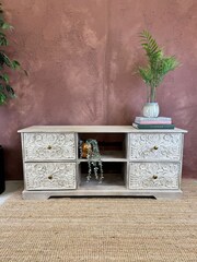 Kirei Home White Whitewashed Mango Wood TV Unit - Image 1 of 4
