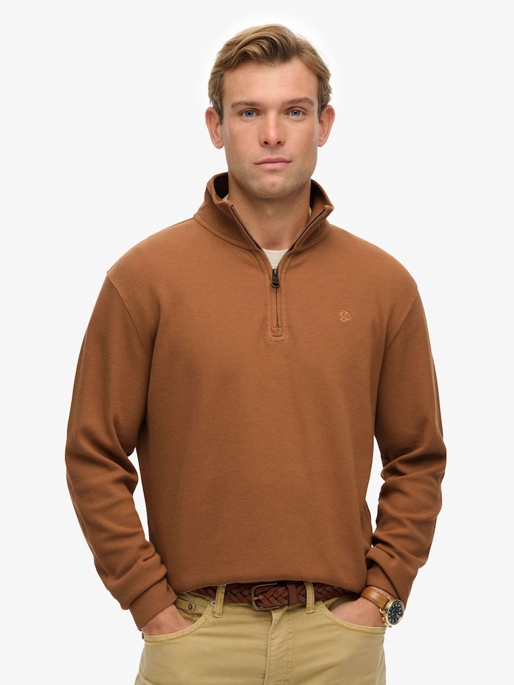 Superdry Brown Ribbed Half Zip Jumper - Image 1 of 7 Superdry Brown Ribbed Half Zip Jumper - Image 1 of 7