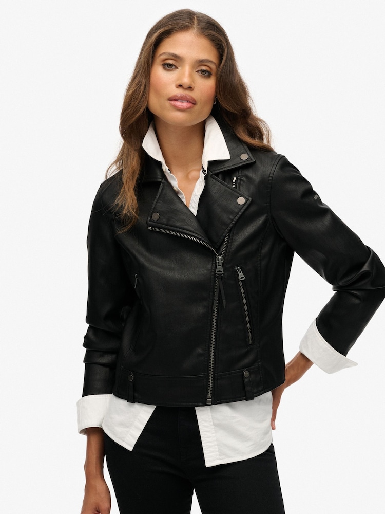 Superdry Classic Faux Leather Biker Black Jacket - Image 1 of 8 Superdry Classic Faux Leather Biker Black Jacket - Image 1 of 8