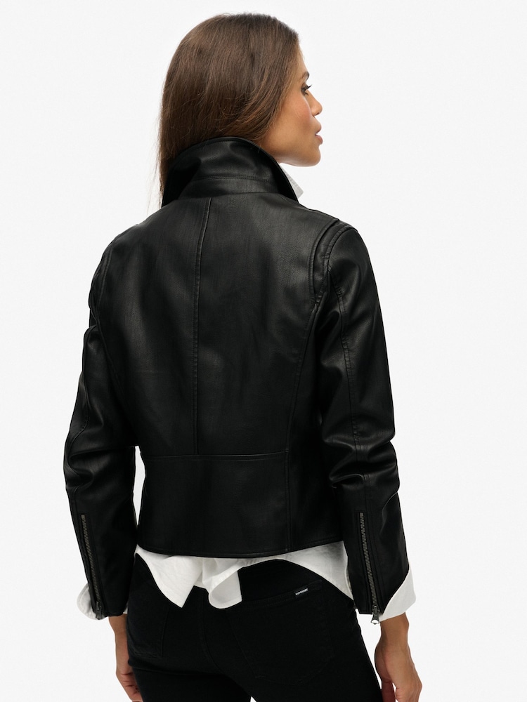 Superdry Classic Faux Leather Biker Black Jacket - Image 2 of 8 Superdry Classic Faux Leather Biker Black Jacket - Image 2 of 8