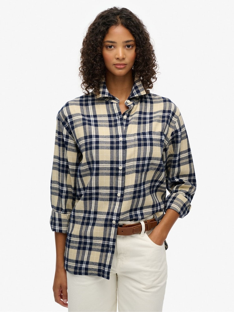 Superdry Blue Check Flannel Boyfriend Shirt - Image 1 of 7 Superdry Blue Check Flannel Boyfriend Shirt - Image 1 of 7