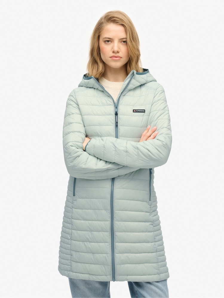 Superdry Grey Hooded Fuji Lite Mid Length Padded Jacket - Image 1 of 8 Superdry Grey Hooded Fuji Lite Mid Length Padded Jacket - Image 1 of 8