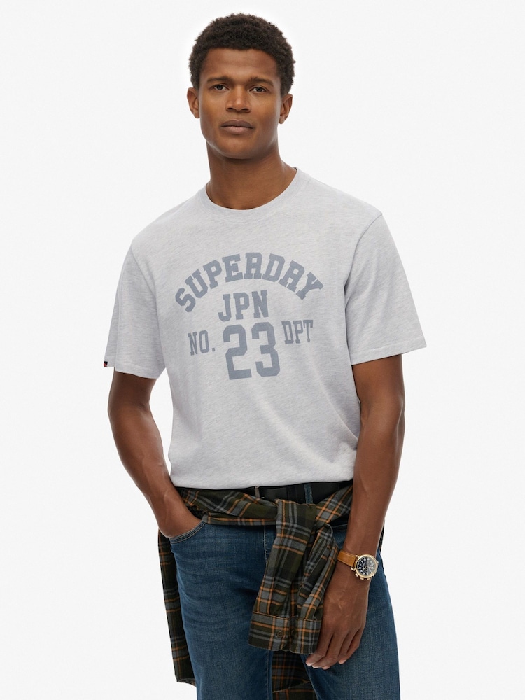 Superdry Grey Vintage Athletic Essential Graphic T-Shirt - Image 1 of 7 Superdry Grey Vintage Athletic Essential Graphic T-Shirt - Image 1 of 7