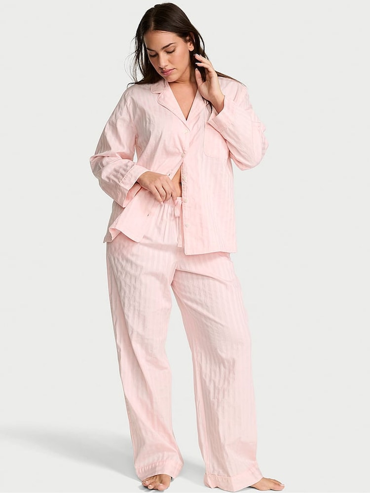 Victoria's Secret Pretty Blossom Pink Shadow Stripe Cotton Long Pyjama Set - Image 1 of 2