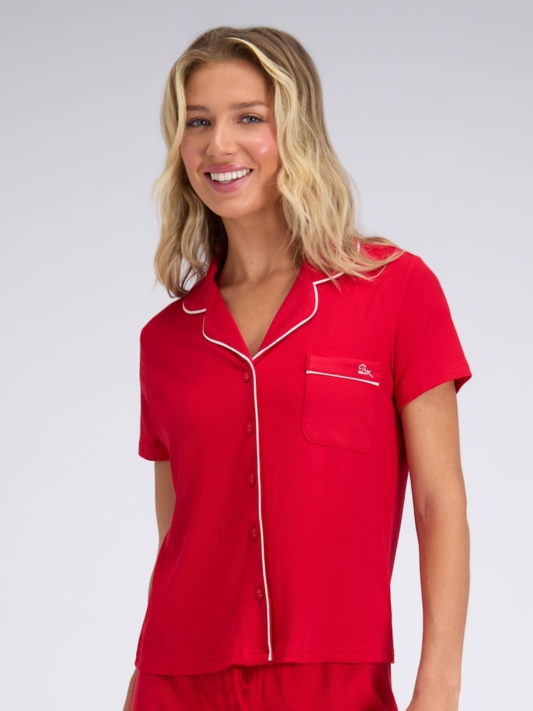 Boux Avenue Red Rib Modal Short Revere Pyjamas Top - Image 1 of 2 Boux Avenue Red Rib Modal Short Revere Pyjamas Top - Image 1 of 2