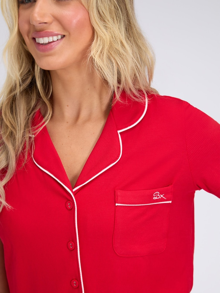 Boux Avenue Red Rib Modal Short Revere Pyjamas Top - Image 2 of 2 Boux Avenue Red Rib Modal Short Revere Pyjamas Top - Image 2 of 2