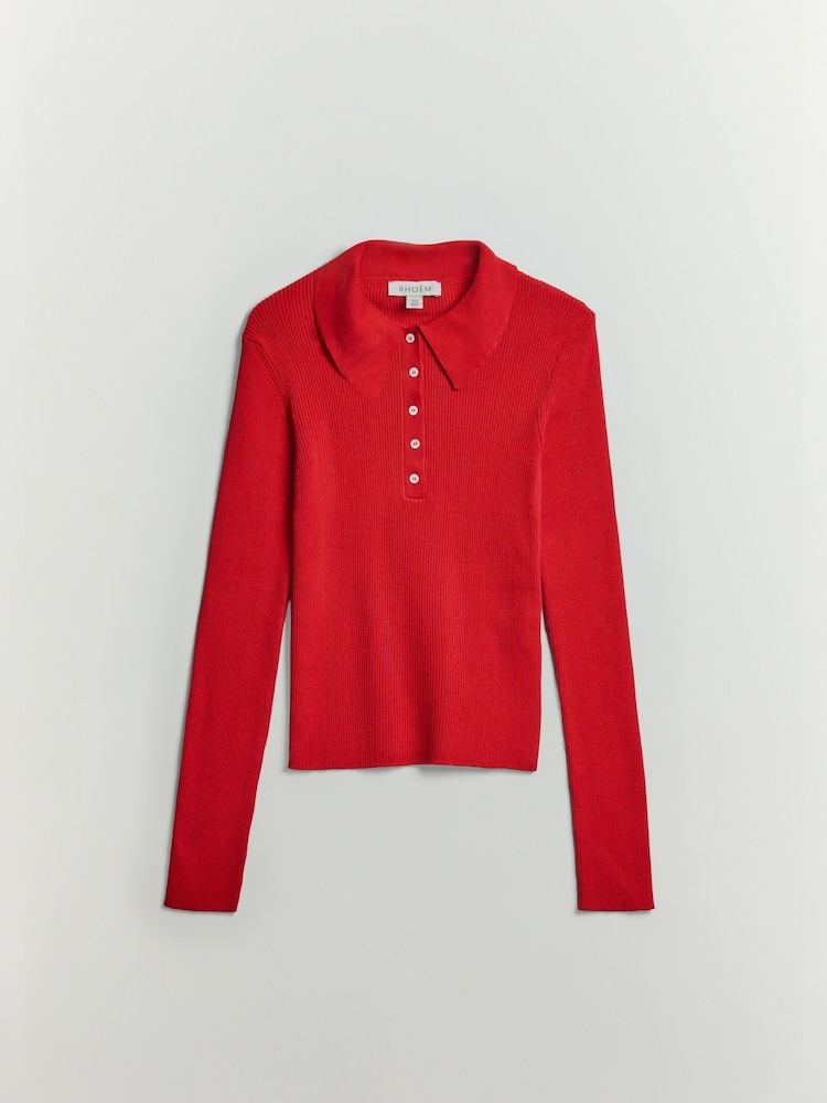 BHOEM Red Long Sleeve Ribbed Knit Polo Shirt - Image 5 of 5