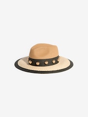 Lipsy Natural Paper Raffia Studded Contrast Fedora Hat - Image 1 of 3