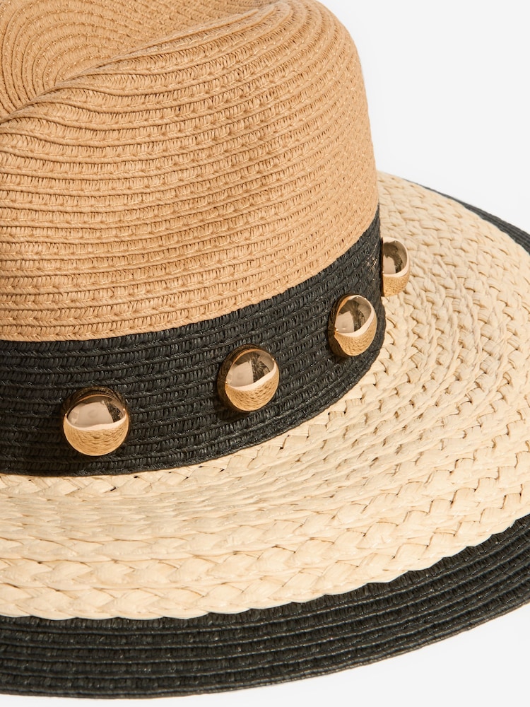 Lipsy Natural Paper Raffia Studded Contrast Fedora Hat - Image 3 of 3