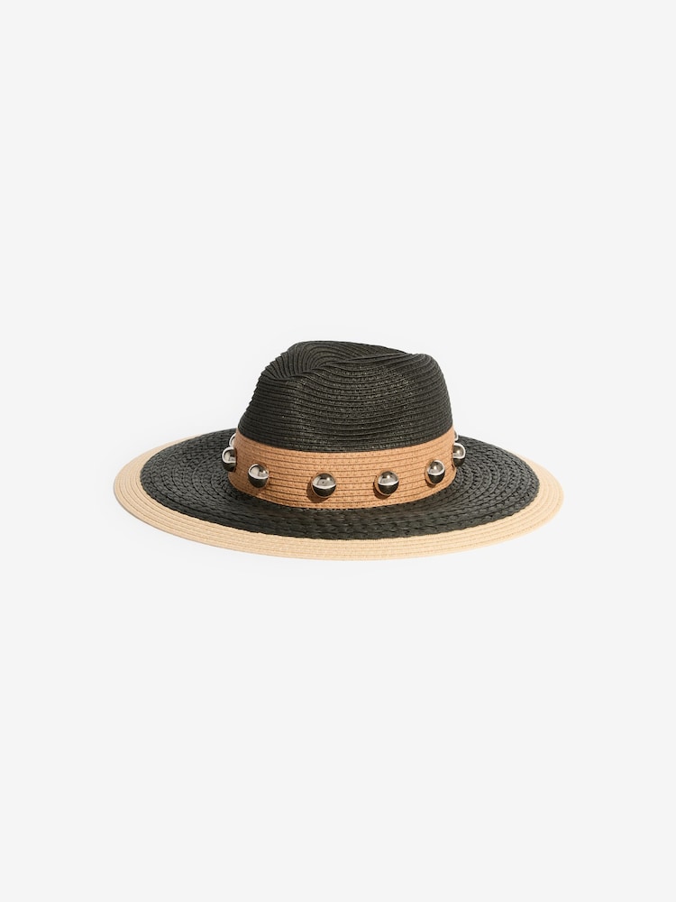 Lipsy Black Paper Raffia Studded Contrast Fedora Hat - Image 1 of 3