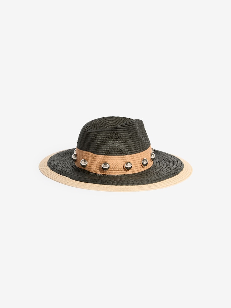 Lipsy Black Paper Raffia Studded Contrast Fedora Hat - Image 2 of 3