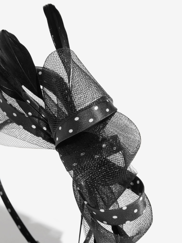 Lipsy Black Polka Dot Mesh and Feather Fascinator Headband - Image 2 of 3