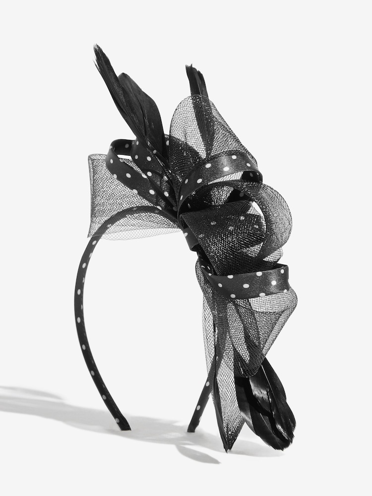Lipsy Black Polka Dot Mesh and Feather Fascinator Headband - Image 3 of 3