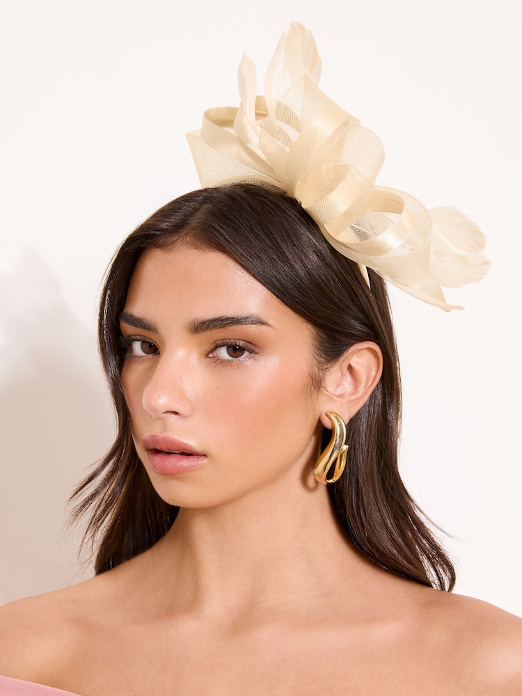 Lipsy Champage Neutral Mesh and Feather Fascinator Headband - Image 2 of 5