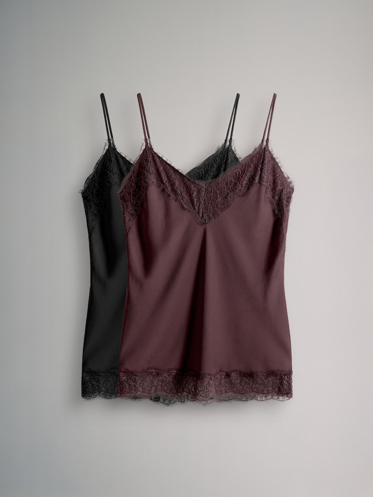 Black/ Burgundy Red - The Set 2 Pack Satin Crepe Lace Trim Camisole - Slika 1 iz 5 Black/ Burgundy Red - The Set 2 Pack Satin Crepe Lace Trim Camisole - Slika 1 iz 5