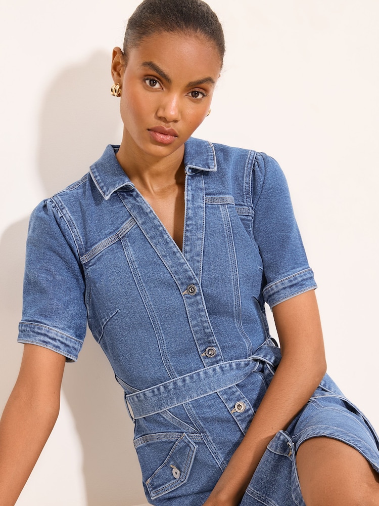 Lipsy Mid Wash Blue Short Sleeve Denim Midi Dress - Image 2 of 4