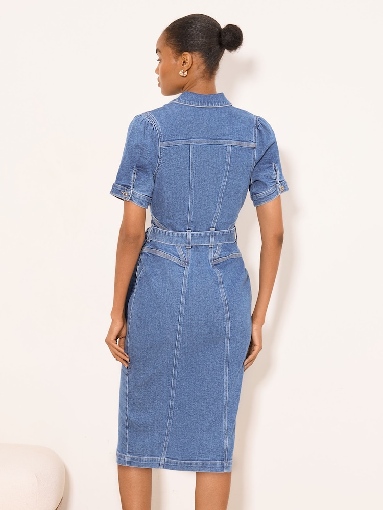 Lipsy Mid Wash Blue Short Sleeve Denim Midi Dress - Image 4 of 4