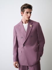 Mauve Purple Double Breasted Loose Fit Textured Suit Jacket With Brooch - Image 1 of 5