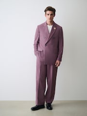Mauve Purple Double Breasted Loose Fit Textured Suit Jacket With Brooch - Image 2 of 5