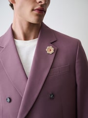 Mauve Purple Double Breasted Loose Fit Textured Suit Jacket With Brooch - Image 5 of 5