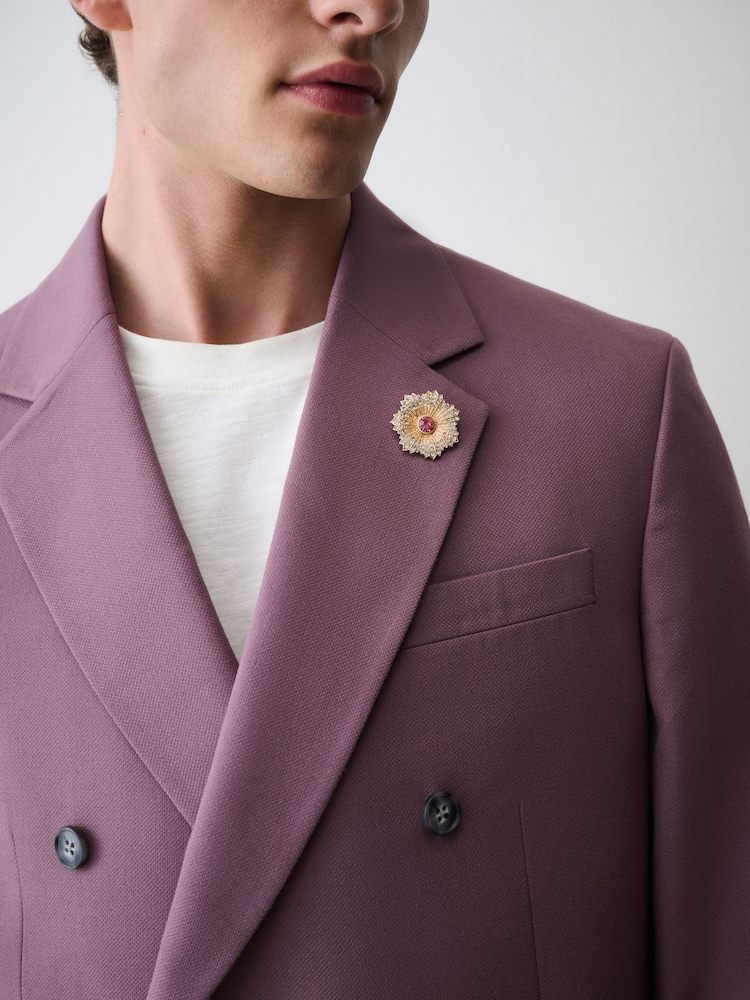 Mauve Purple Double Breasted Loose Fit Textured Suit Jacket With Brooch - Image 5 of 5